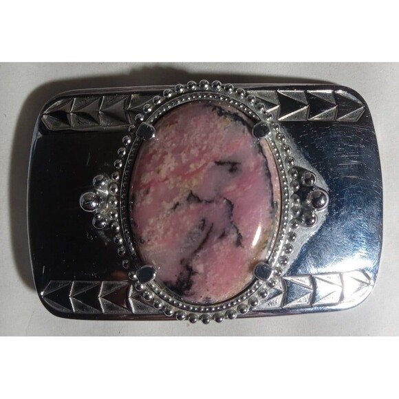 Accessories - Vintage Silveplated Pink,Black  Polished Stone Beltbuckel
